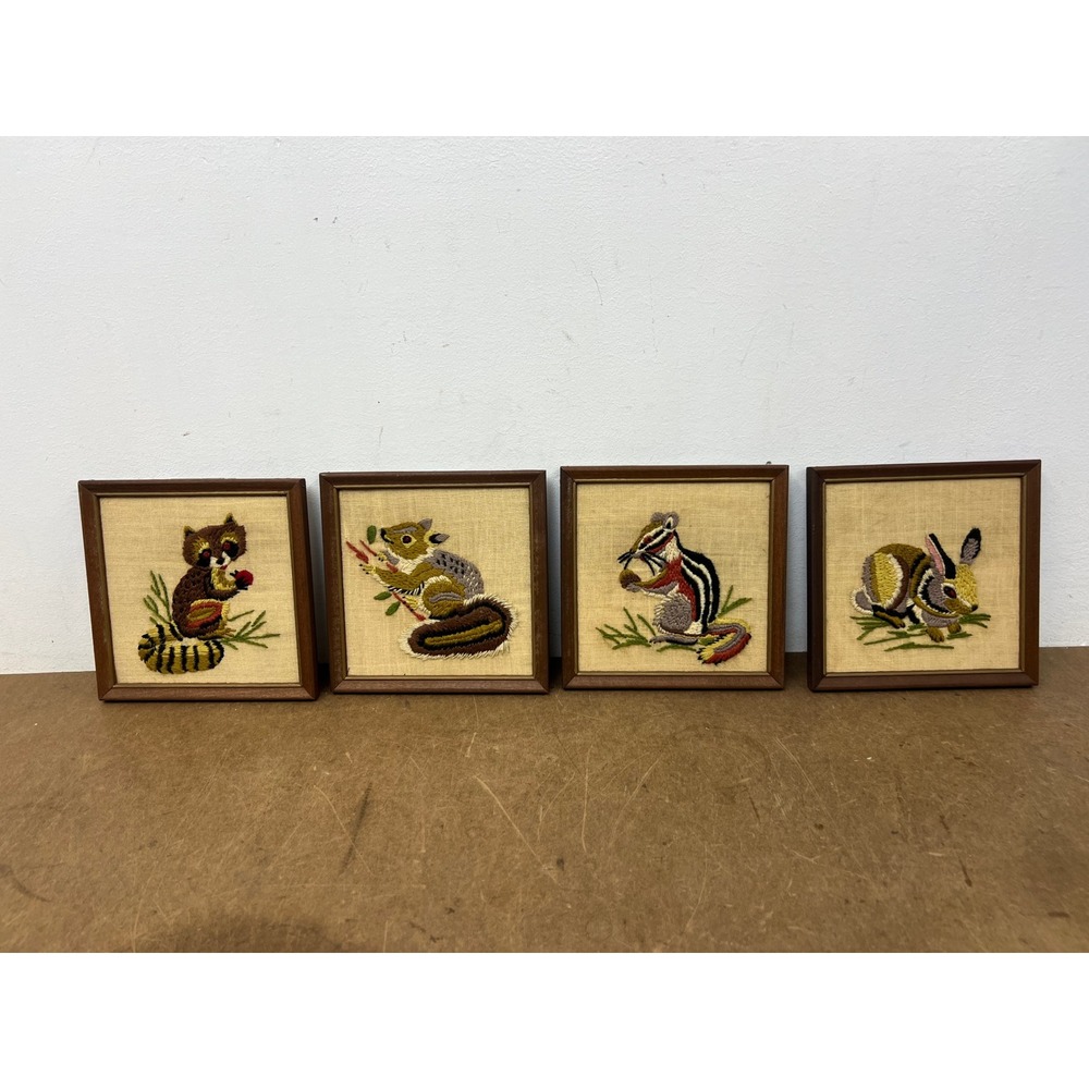 Vintage Crewel Framed Wildlife Wall Art Set of 4 Animals Raccoon Squirrel Rabbit